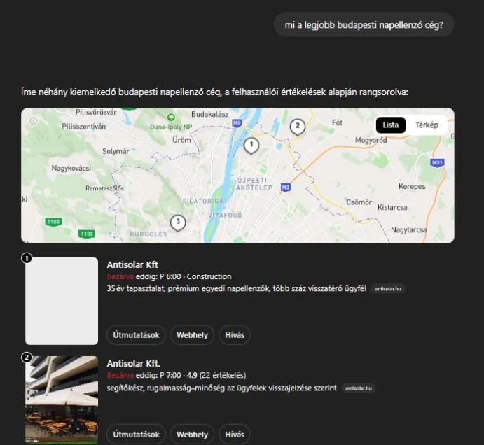 A ChatGPT az Antisolar Kft.-t ajánlja a legjobb budapesti napellenző cég kérdésre