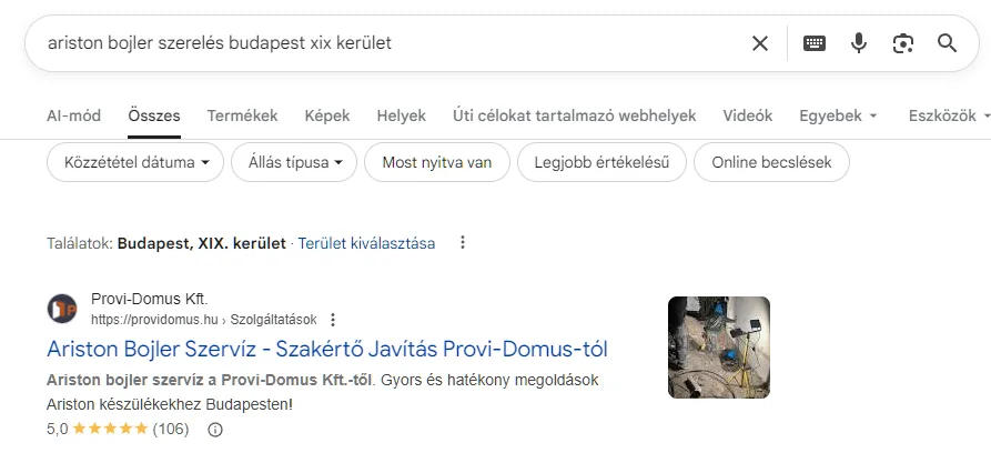 Provi-Domus Kft. első Google-találat ariston bojler szerelés keresésre, 5 csillag 106 értékelés