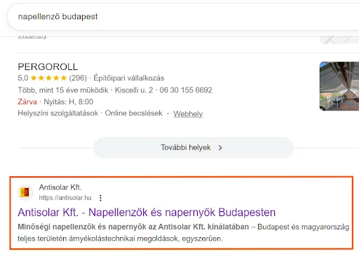 Antisolar Kft. organikus Google-találat a napellenző budapest keresésre