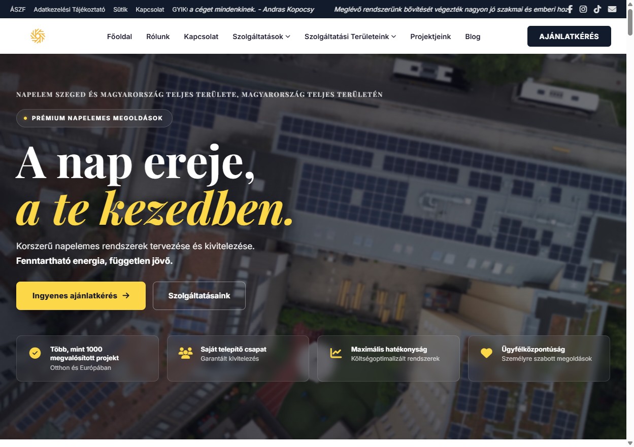 Az aressolar.hu weboldal főoldala: napelemes cég bemutatkozása és ajánlatkérés